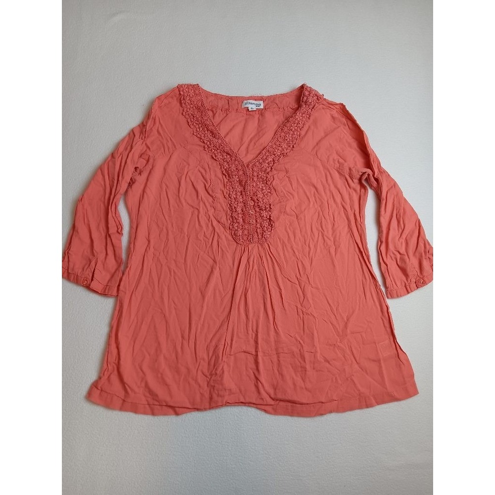 St. John's Bay Womens XL Coral Cotton Crochet V-Neck 3/4 Sleeve Boho Tunic Top